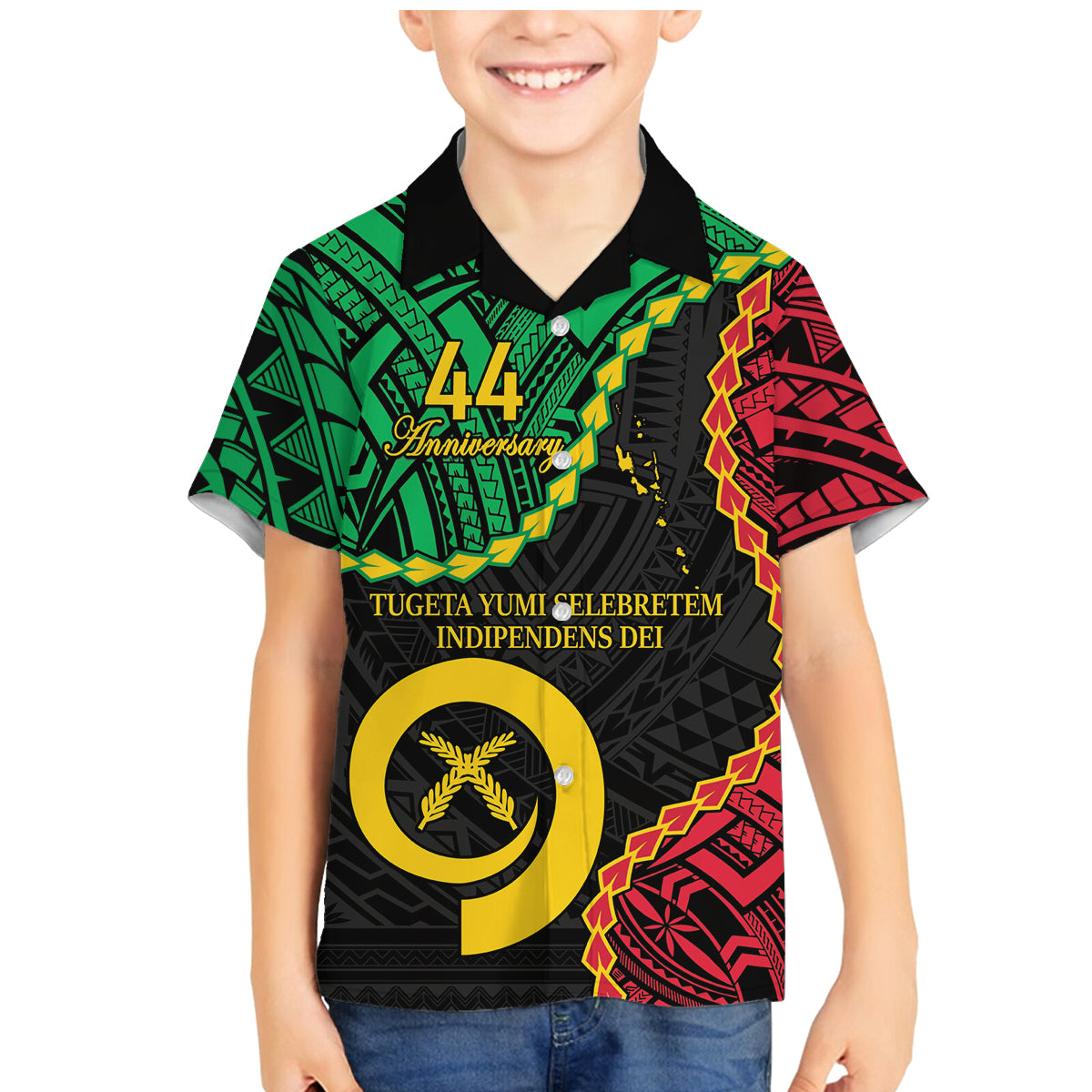 Personalised Vanuatu 44th Anniversary Family Matching Mermaid Dress and Hawaiian Shirt Tugeta Yumi Selebretem Indipendens Dei LT9 Son's Shirt Black - Polynesian Pride