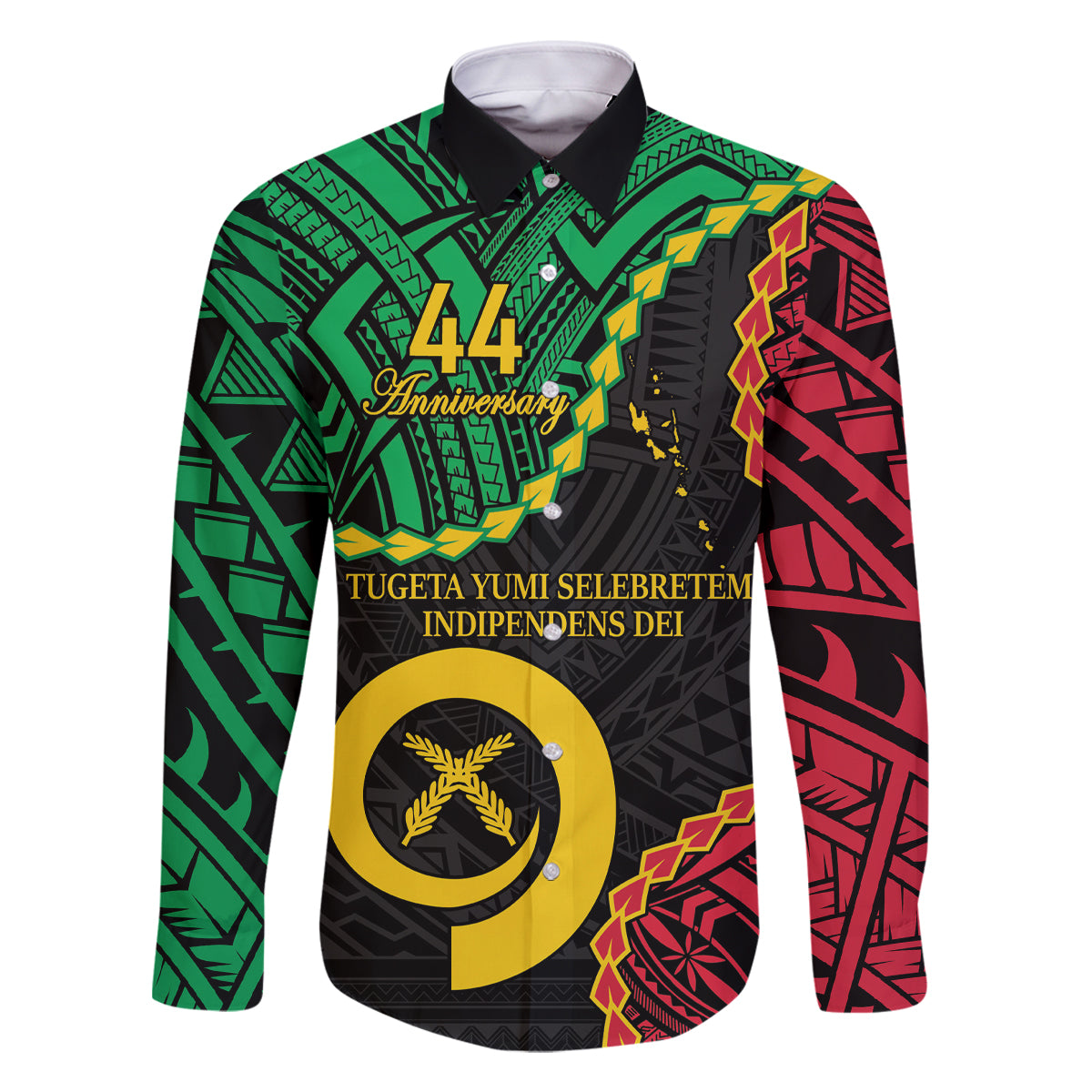 Personalised Vanuatu 44th Anniversary Family Matching Off Shoulder Maxi Dress and Hawaiian Shirt Tugeta Yumi Selebretem Indipendens Dei LT9 Dad's Shirt - Long Sleeve Black - Polynesian Pride