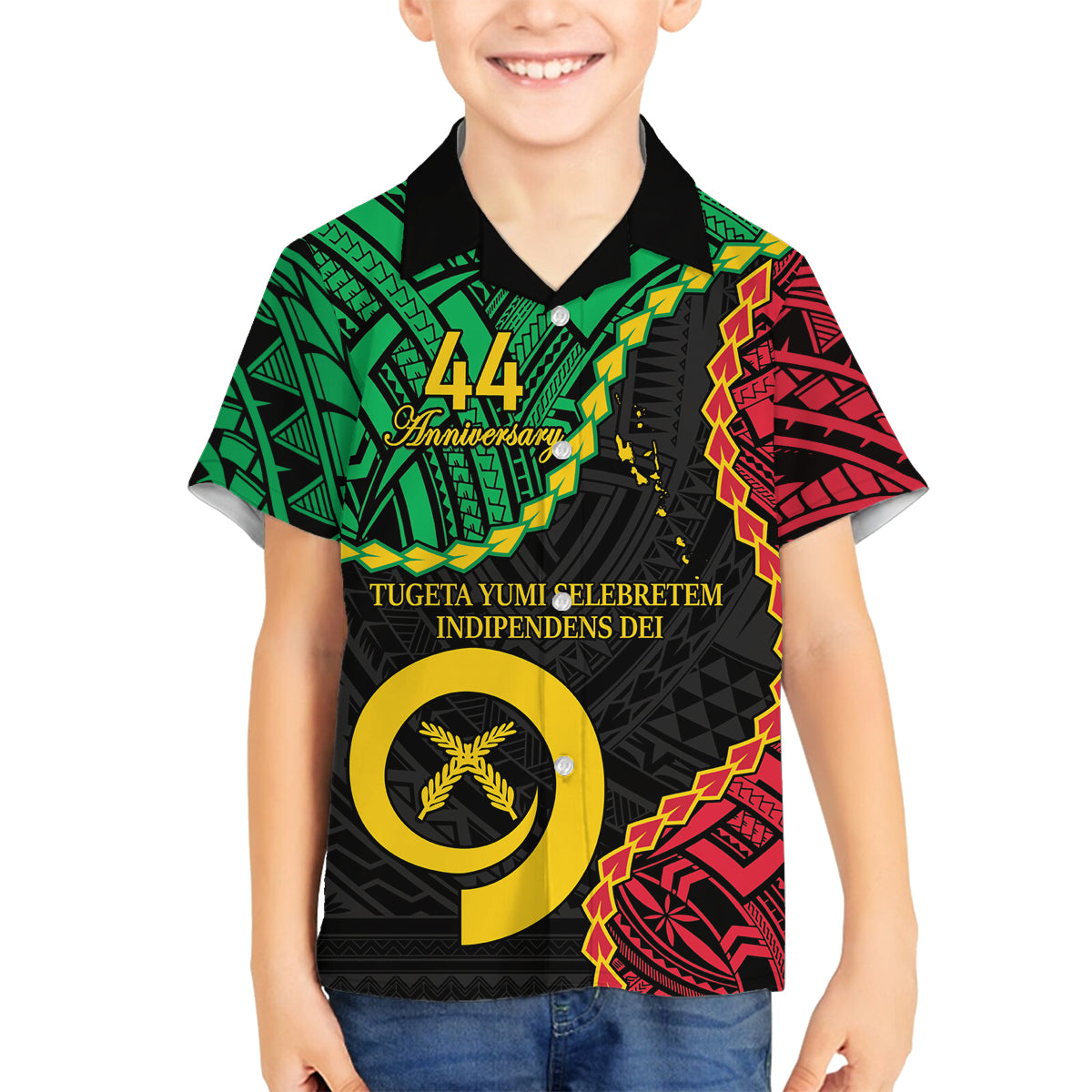 Personalised Vanuatu 44th Anniversary Family Matching Off Shoulder Maxi Dress and Hawaiian Shirt Tugeta Yumi Selebretem Indipendens Dei LT9 Son's Shirt Black - Polynesian Pride