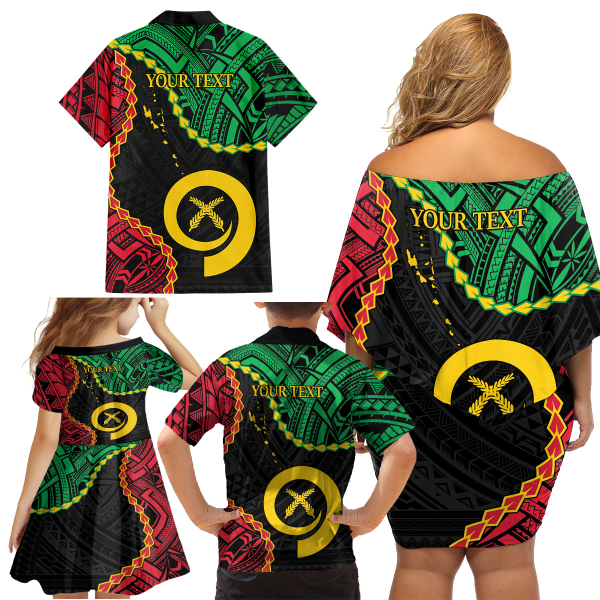 Personalised Vanuatu 44th Anniversary Family Matching Off Shoulder Short Dress and Hawaiian Shirt Tugeta Yumi Selebretem Indipendens Dei LT9 - Polynesian Pride