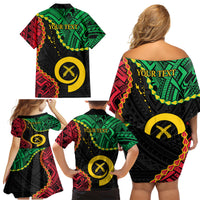 Personalised Vanuatu 44th Anniversary Family Matching Off Shoulder Short Dress and Hawaiian Shirt Tugeta Yumi Selebretem Indipendens Dei LT9 - Polynesian Pride