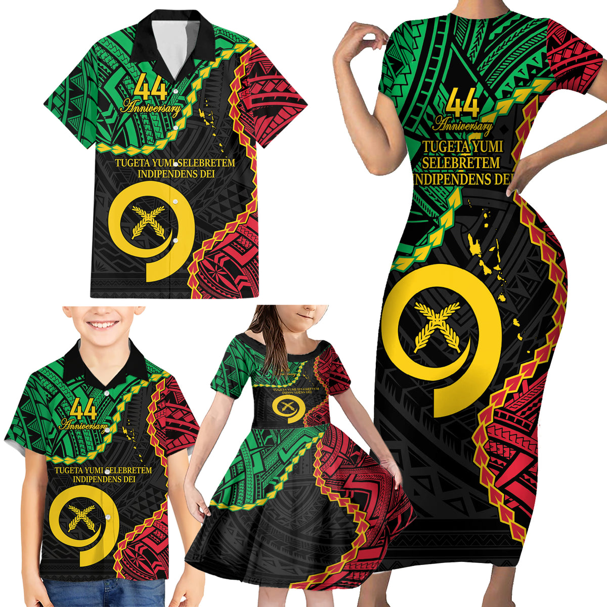 Personalised Vanuatu 44th Anniversary Family Matching Short Sleeve Bodycon Dress and Hawaiian Shirt Tugeta Yumi Selebretem Indipendens Dei LT9 - Polynesian Pride