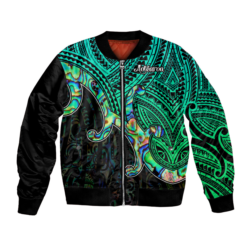 Aotearoa Papua Shell Bomber Jacket Maori Tribal Pattern LT9 Unisex Green - Polynesian Pride