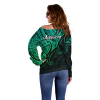 Aotearoa Maori Koru Off Shoulder Sweater Polynesian Pacific Tribal - Green LT9 - Polynesian Pride