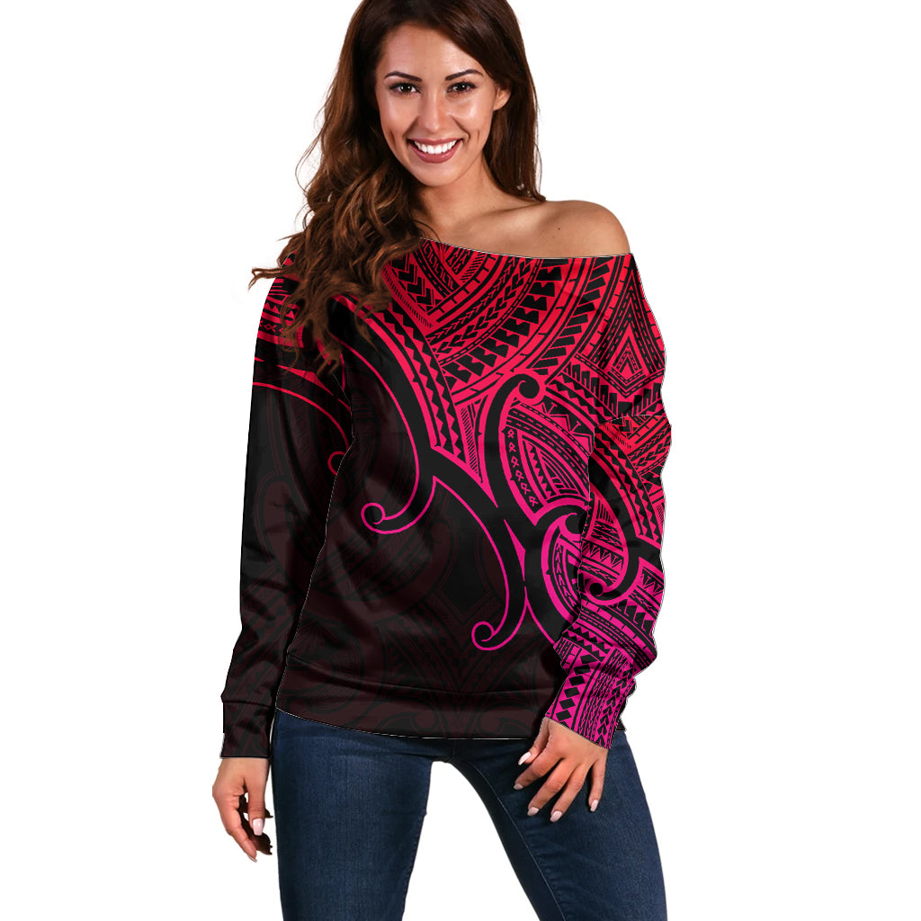 Aotearoa Maori Koru Off Shoulder Sweater Polynesian Pacific Tribal - Pink LT9 Women Pink - Polynesian Pride