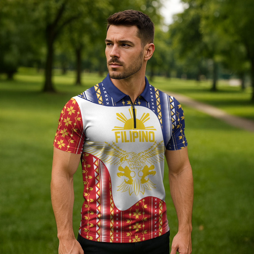 Philippines Flag Day Zipper Polo Shirt Filipino Traditional Igorot Tribal Pattern