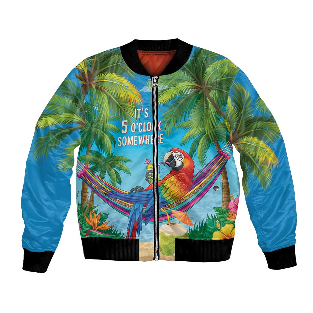 5 Oclock Somewhere Bomber Jacket Hawaii Parrots Cocktail Summer Beach Vibe LT9 Unisex Blue - Polynesian Pride