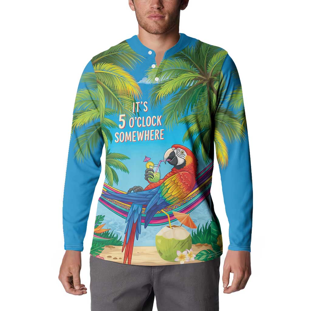 5 Oclock Somewhere Button Sweatshirt Hawaii Parrots Cocktail Summer Beach Vibe LT9 - Polynesian Pride