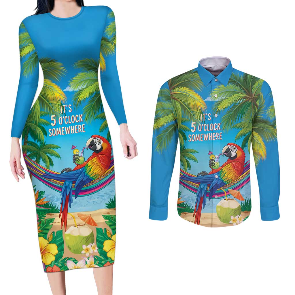5 Oclock Somewhere Couples Matching Long Sleeve Bodycon Dress and Long Sleeve Button Shirt Hawaii Parrots Cocktail Summer Beach Vibe LT9 Blue - Polynesian Pride