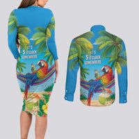 5 Oclock Somewhere Couples Matching Long Sleeve Bodycon Dress and Long Sleeve Button Shirt Hawaii Parrots Cocktail Summer Beach Vibe LT9 - Polynesian Pride