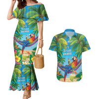 5 Oclock Somewhere Couples Matching Mermaid Dress and Hawaiian Shirt Hawaii Parrots Cocktail Summer Beach Vibe LT9 Blue - Polynesian Pride