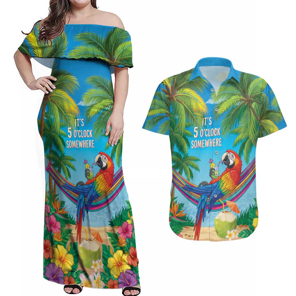 5 Oclock Somewhere Couples Matching Off Shoulder Maxi Dress and Hawaiian Shirt Hawaii Parrots Cocktail Summer Beach Vibe LT9 Blue - Polynesian Pride