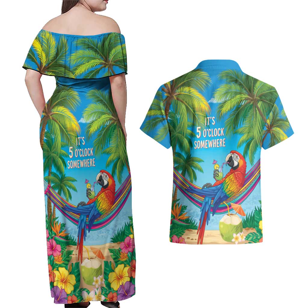 5 Oclock Somewhere Couples Matching Off Shoulder Maxi Dress and Hawaiian Shirt Hawaii Parrots Cocktail Summer Beach Vibe LT9 - Polynesian Pride