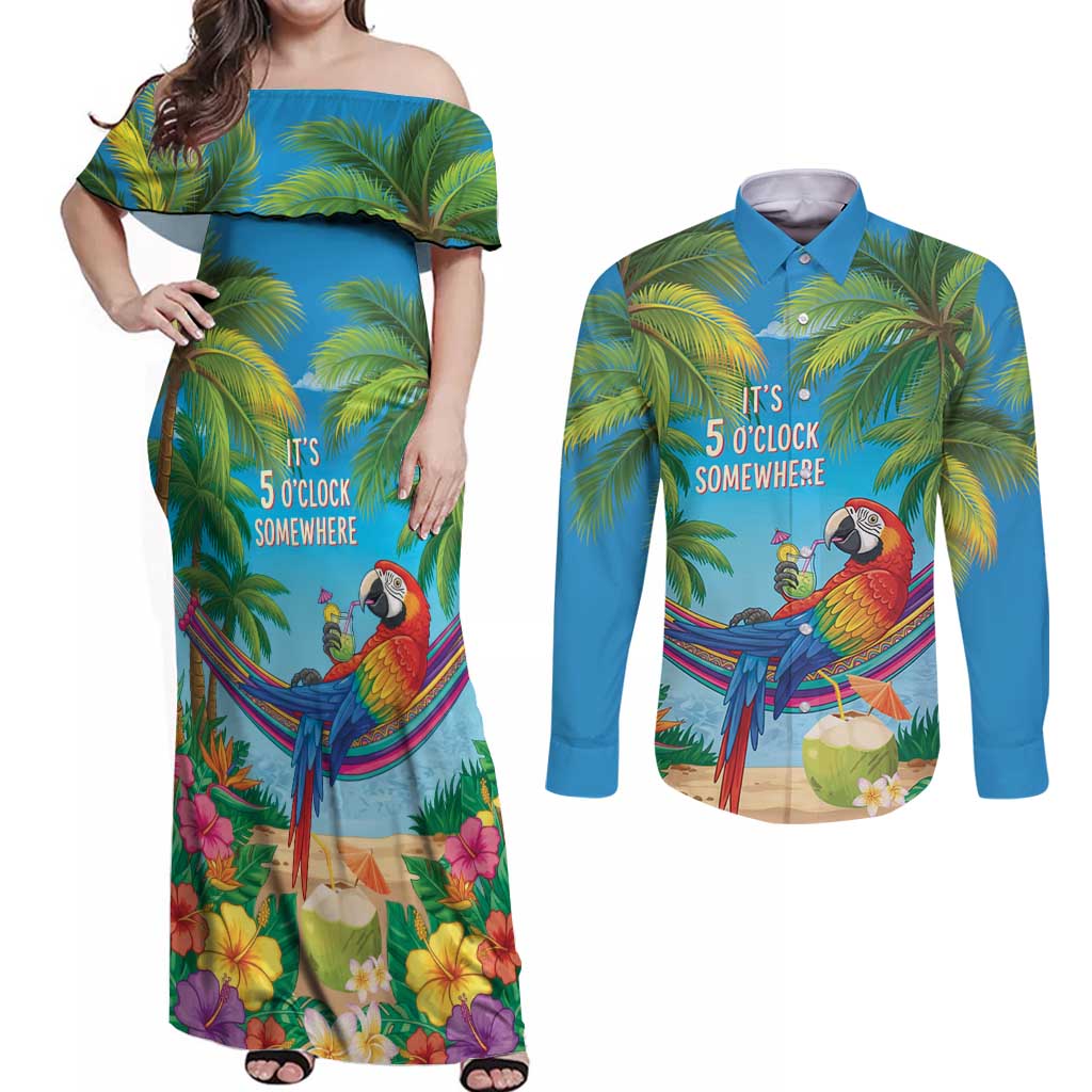 5 Oclock Somewhere Couples Matching Off Shoulder Maxi Dress and Long Sleeve Button Shirt Hawaii Parrots Cocktail Summer Beach Vibe LT9 Blue - Polynesian Pride