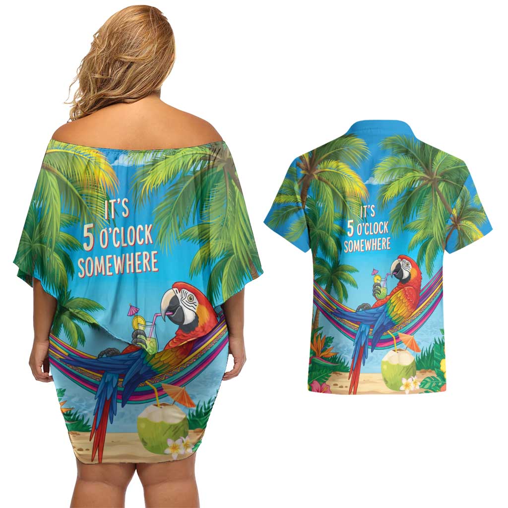 5 Oclock Somewhere Couples Matching Off Shoulder Short Dress and Hawaiian Shirt Hawaii Parrots Cocktail Summer Beach Vibe - Polynesian Pride