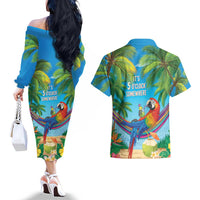 5 Oclock Somewhere Couples Matching Off The Shoulder Long Sleeve Dress and Hawaiian Shirt Hawaii Parrots Cocktail Summer Beach Vibe - Polynesian Pride