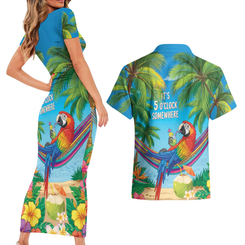 5 Oclock Somewhere Couples Matching Short Sleeve Bodycon Dress and Hawaiian Shirt Hawaii Parrots Cocktail Summer Beach Vibe LT9 - Polynesian Pride