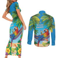 5 Oclock Somewhere Couples Matching Short Sleeve Bodycon Dress and Long Sleeve Button Shirt Hawaii Parrots Cocktail Summer Beach Vibe LT9 - Polynesian Pride