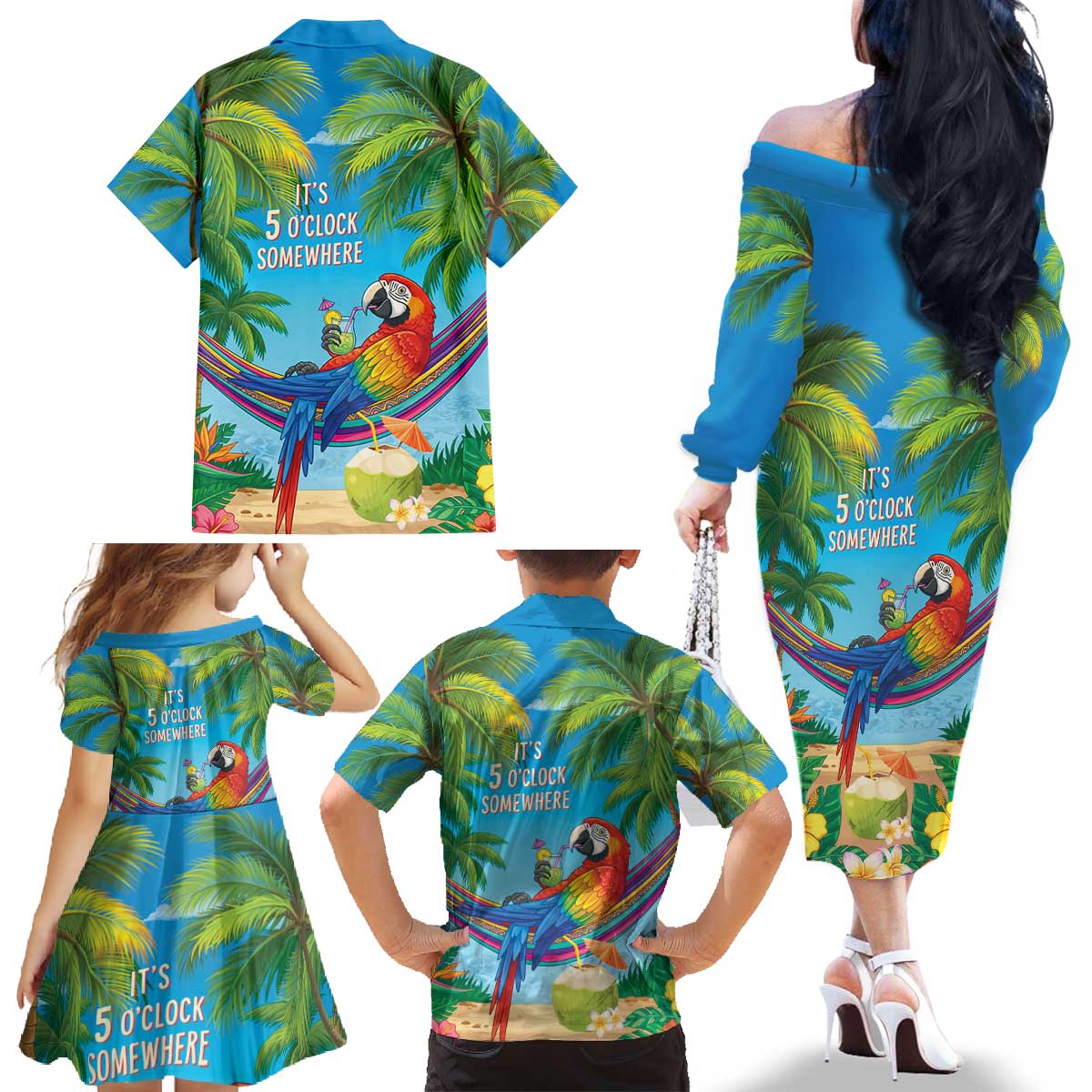 5 Oclock Somewhere Family Matching Off The Shoulder Long Sleeve Dress and Hawaiian Shirt Hawaii Parrots Cocktail Summer Beach Vibe - Polynesian Pride