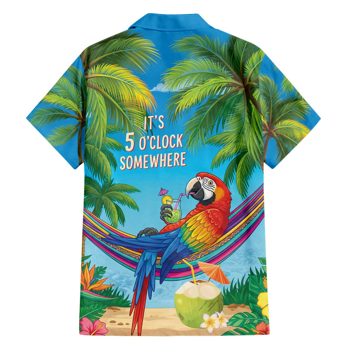 5 Oclock Somewhere Family Matching Off The Shoulder Long Sleeve Dress and Hawaiian Shirt Hawaii Parrots Cocktail Summer Beach Vibe - Polynesian Pride