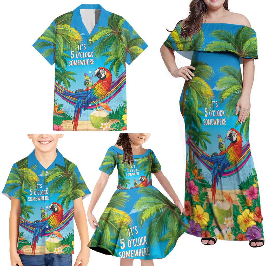 5 Oclock Somewhere Family Matching Off Shoulder Maxi Dress and Hawaiian Shirt Hawaii Parrots Cocktail Summer Beach Vibe - Polynesian Pride