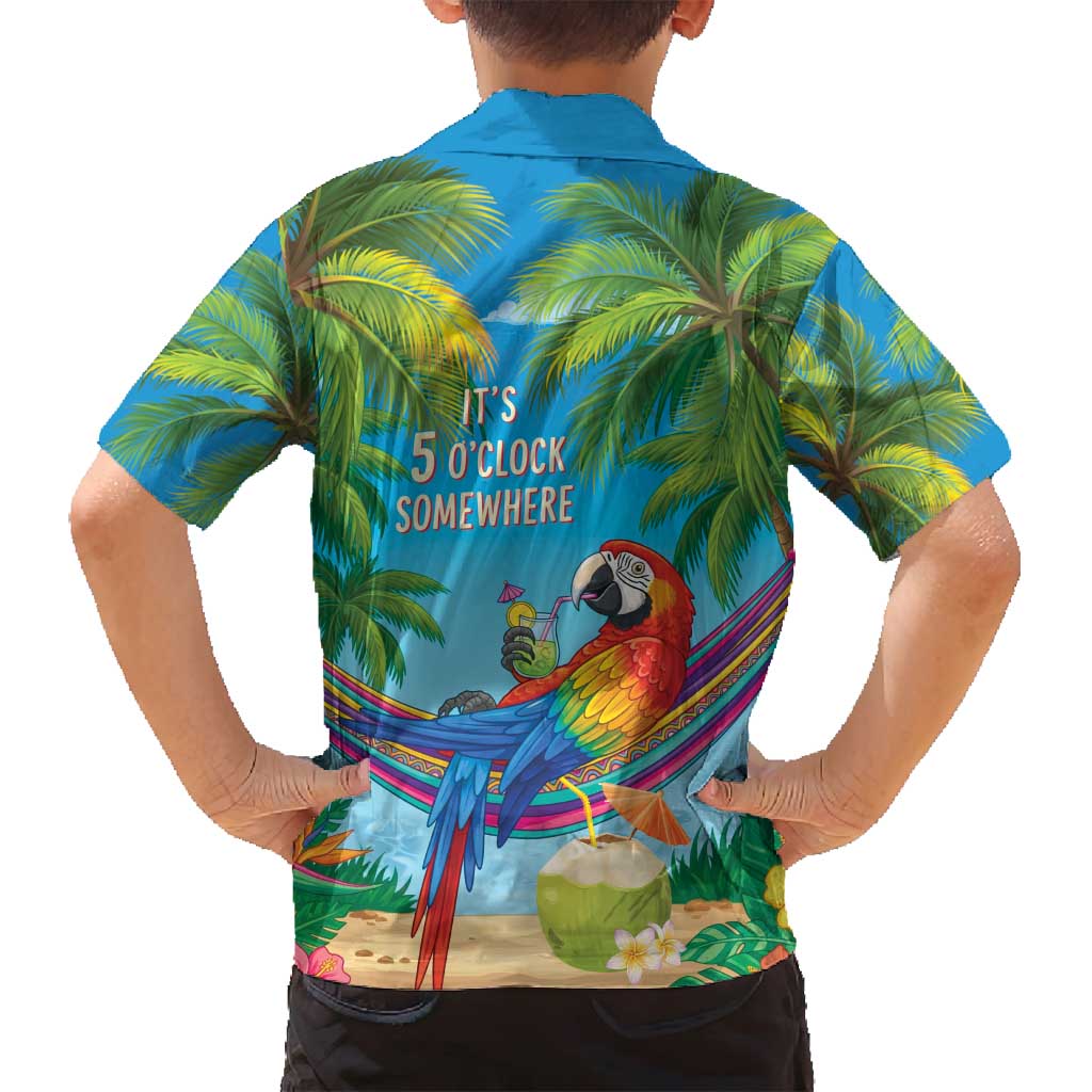 5 Oclock Somewhere Family Matching Off Shoulder Short Dress and Hawaiian Shirt Hawaii Parrots Cocktail Summer Beach Vibe - Polynesian Pride