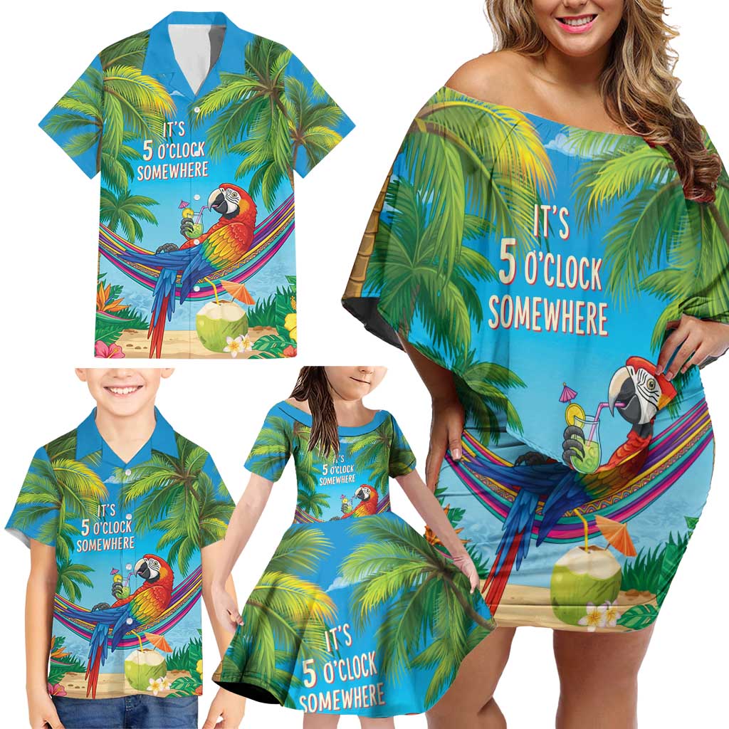5 Oclock Somewhere Family Matching Off Shoulder Short Dress and Hawaiian Shirt Hawaii Parrots Cocktail Summer Beach Vibe - Polynesian Pride