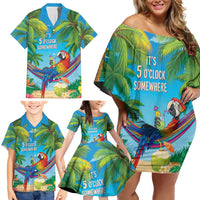 5 Oclock Somewhere Family Matching Off Shoulder Short Dress and Hawaiian Shirt Hawaii Parrots Cocktail Summer Beach Vibe - Polynesian Pride