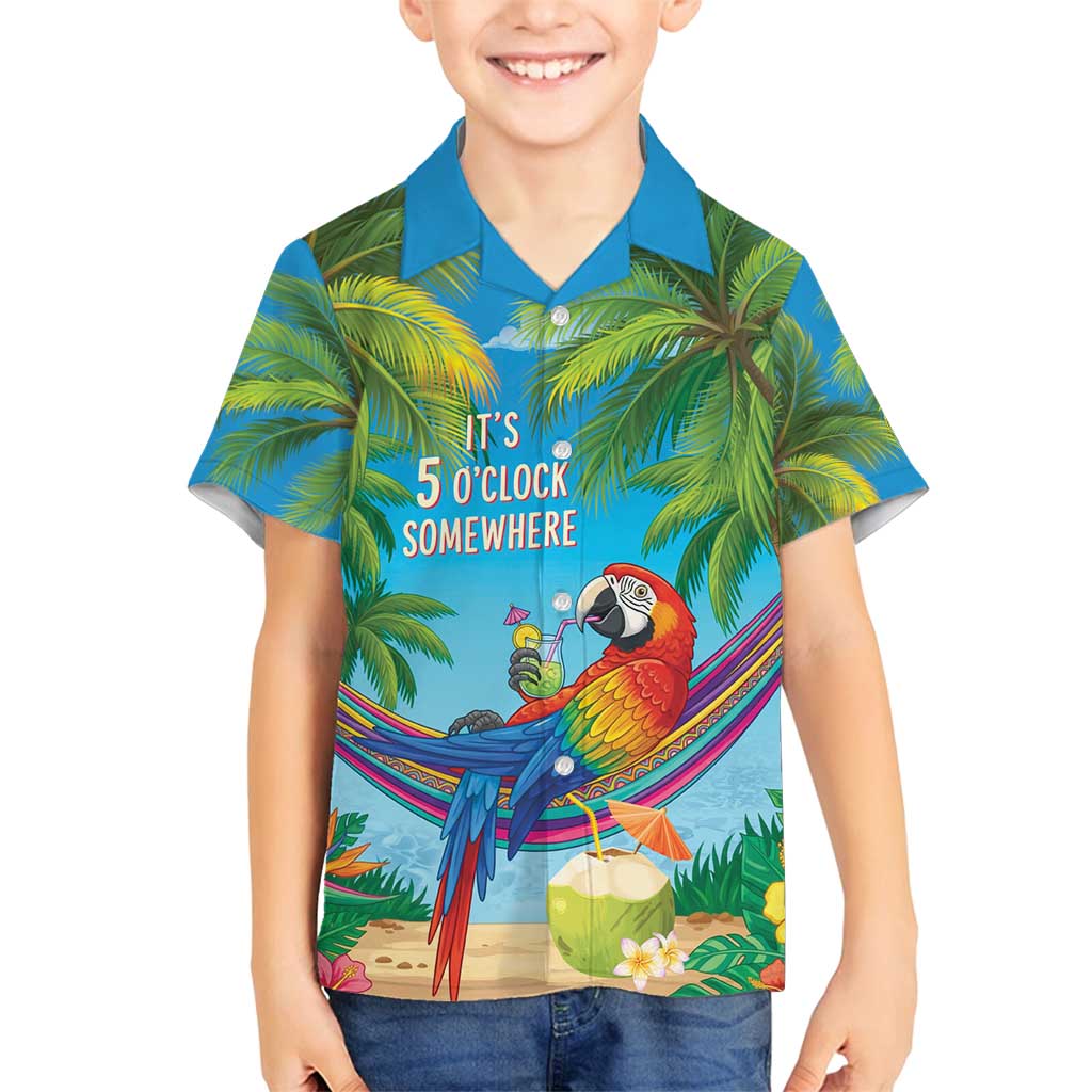 5 Oclock Somewhere Family Matching Puletasi and Hawaiian Shirt Hawaii Parrots Cocktail Summer Beach Vibe LT9 Son's Shirt Blue - Polynesian Pride