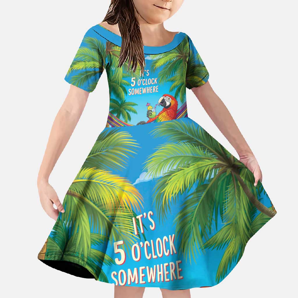5 Oclock Somewhere Family Matching Tank Maxi Dress and Hawaiian Shirt Hawaii Parrots Cocktail Summer Beach Vibe LT9 Daughter's Dress Blue - Polynesian Pride