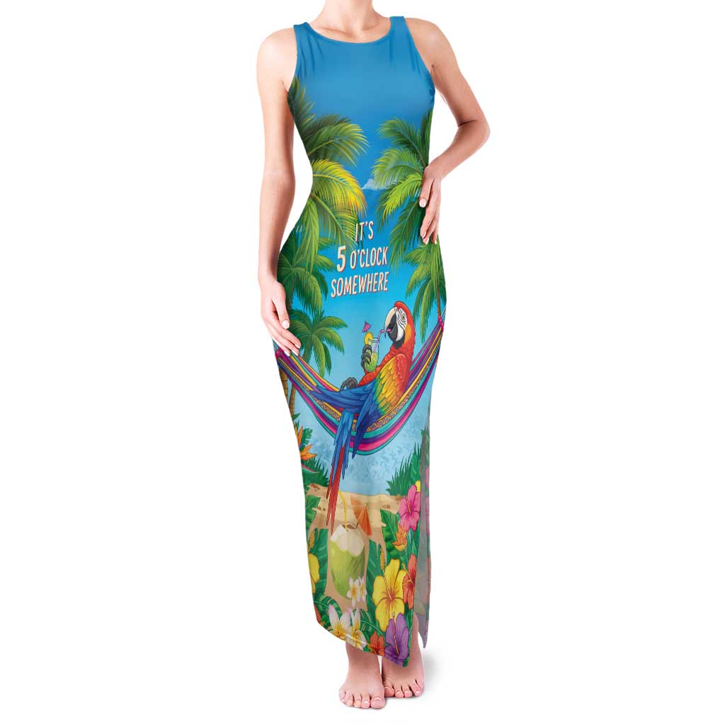 5 Oclock Somewhere Family Matching Tank Maxi Dress and Hawaiian Shirt Hawaii Parrots Cocktail Summer Beach Vibe LT9 Mom's Dress Blue - Polynesian Pride