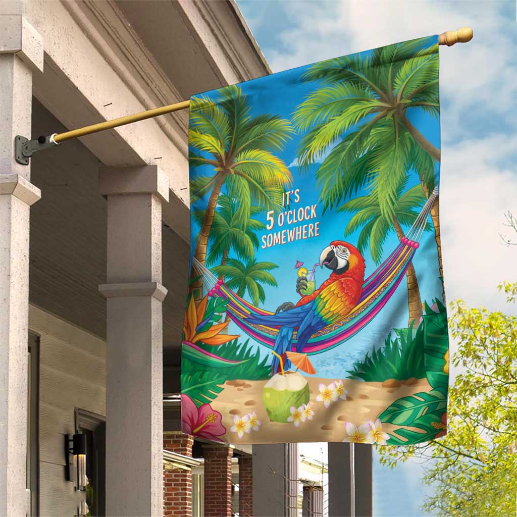 5 Oclock Somewhere Garden Flag Hawaii Parrots Cocktail Summer Beach Vibe - Polynesian Pride