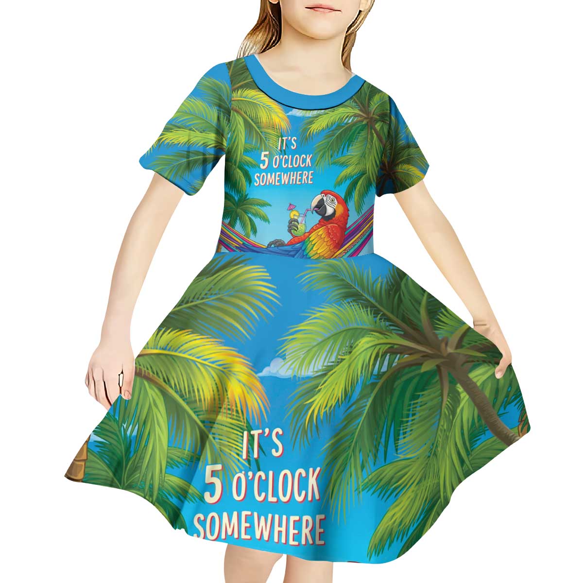 5 Oclock Somewhere Kid Short Sleeve Dress Hawaii Parrots Cocktail Summer Beach Vibe - Polynesian Pride