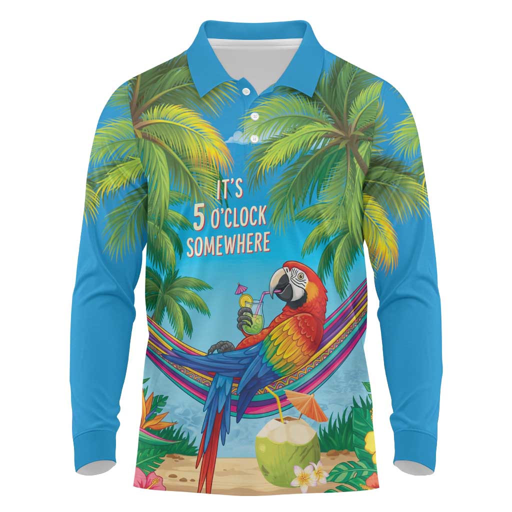 5 Oclock Somewhere Long Sleeve Polo Shirt Hawaii Parrots Cocktail Summer Beach Vibe - Polynesian Pride