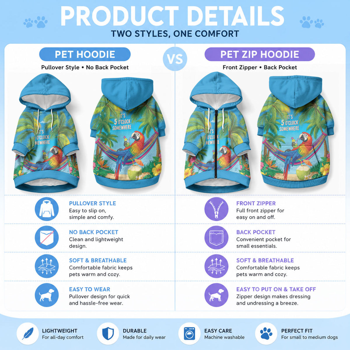 5 Oclock Somewhere Pet Hoodie Hawaii Parrots Cocktail Summer Beach Vibe