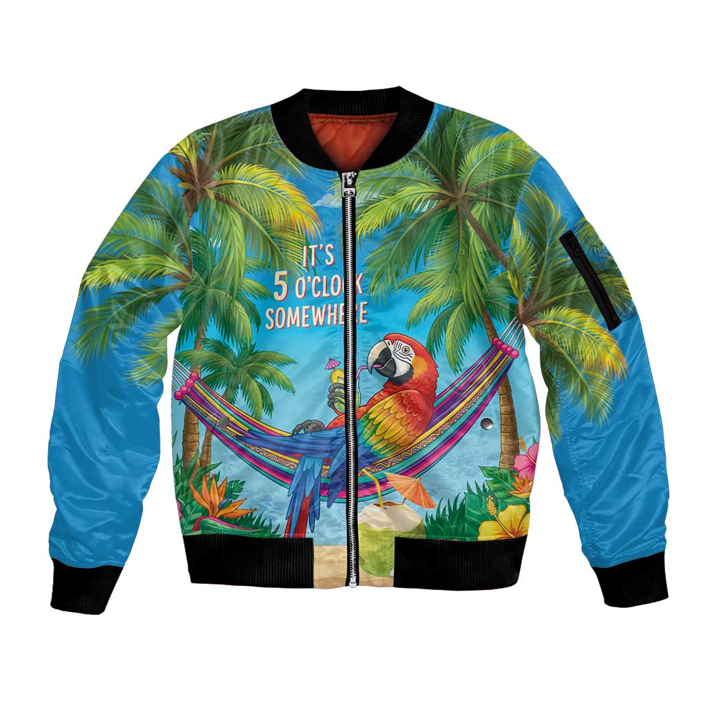 5 Oclock Somewhere Sleeve Zip Bomber Jacket Hawaii Parrots Cocktail Summer Beach Vibe LT9 Unisex Blue - Polynesian Pride