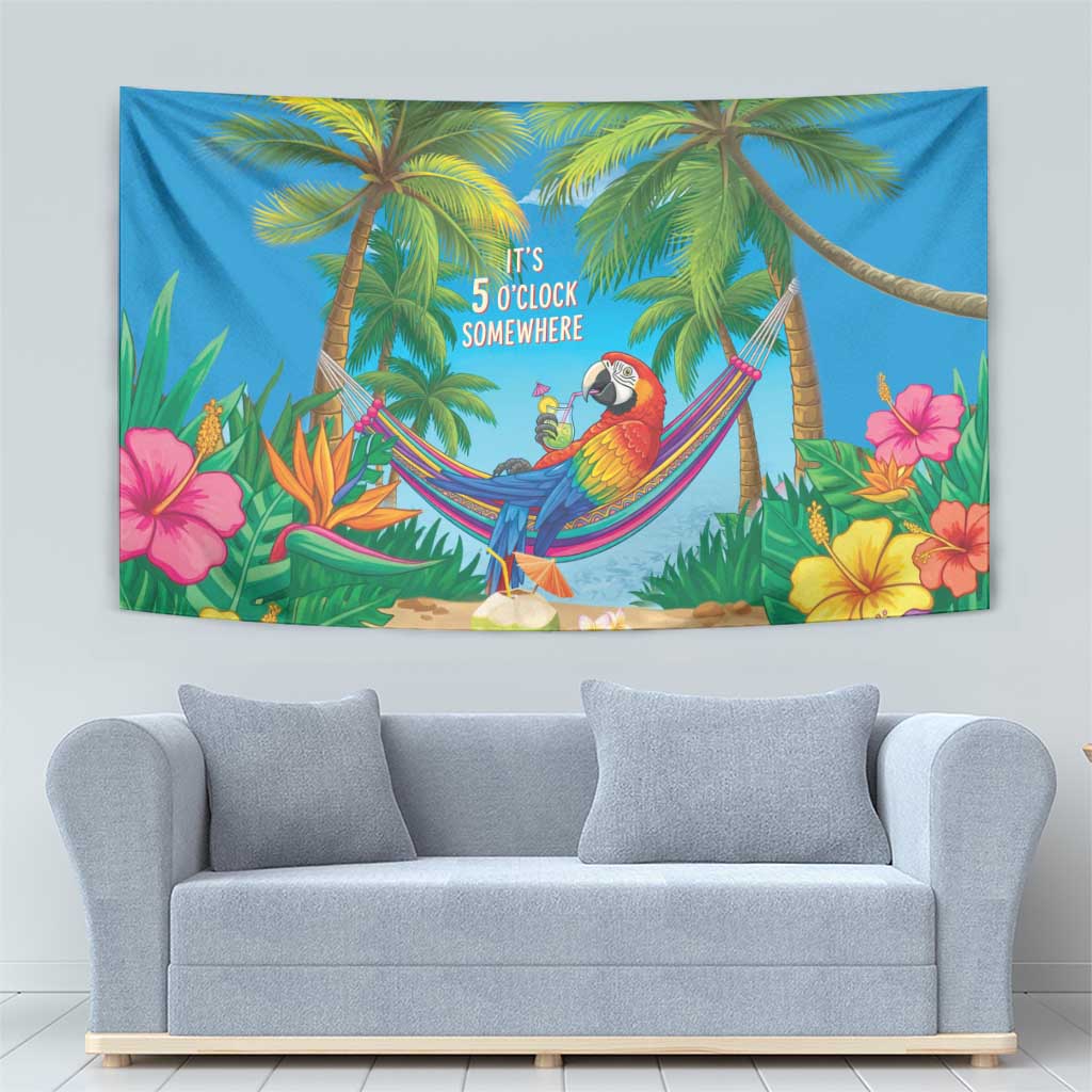 5 Oclock Somewhere Tapestry Hawaii Parrots Cocktail Summer Beach Vibe - Polynesian Pride