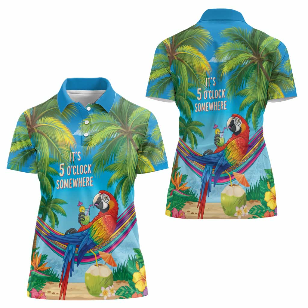 5 Oclock Somewhere Women Polo Shirt Hawaii Parrots Cocktail Summer Beach Vibe - Polynesian Pride