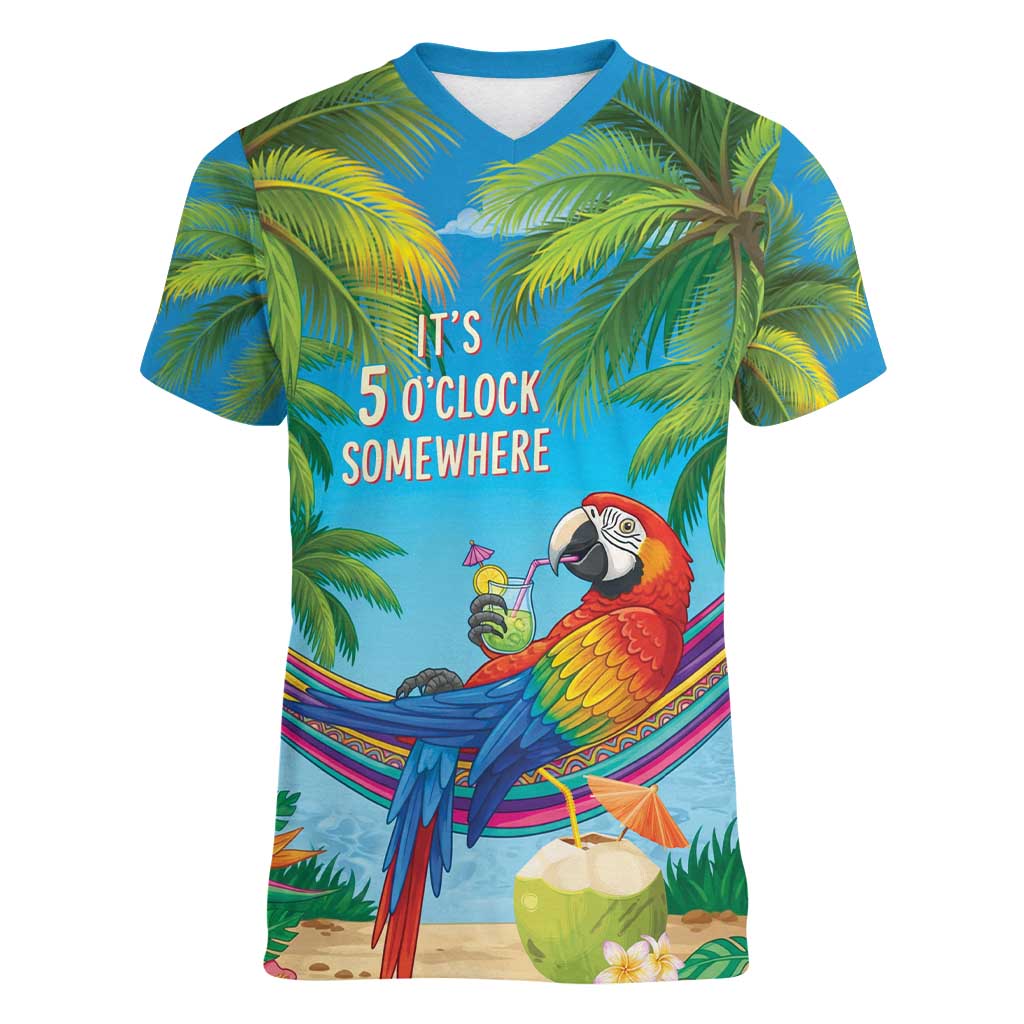 5 Oclock Somewhere Women V-Neck T-Shirt Hawaii Parrots Cocktail Summer Beach Vibe LT9 Female Blue - Polynesian Pride