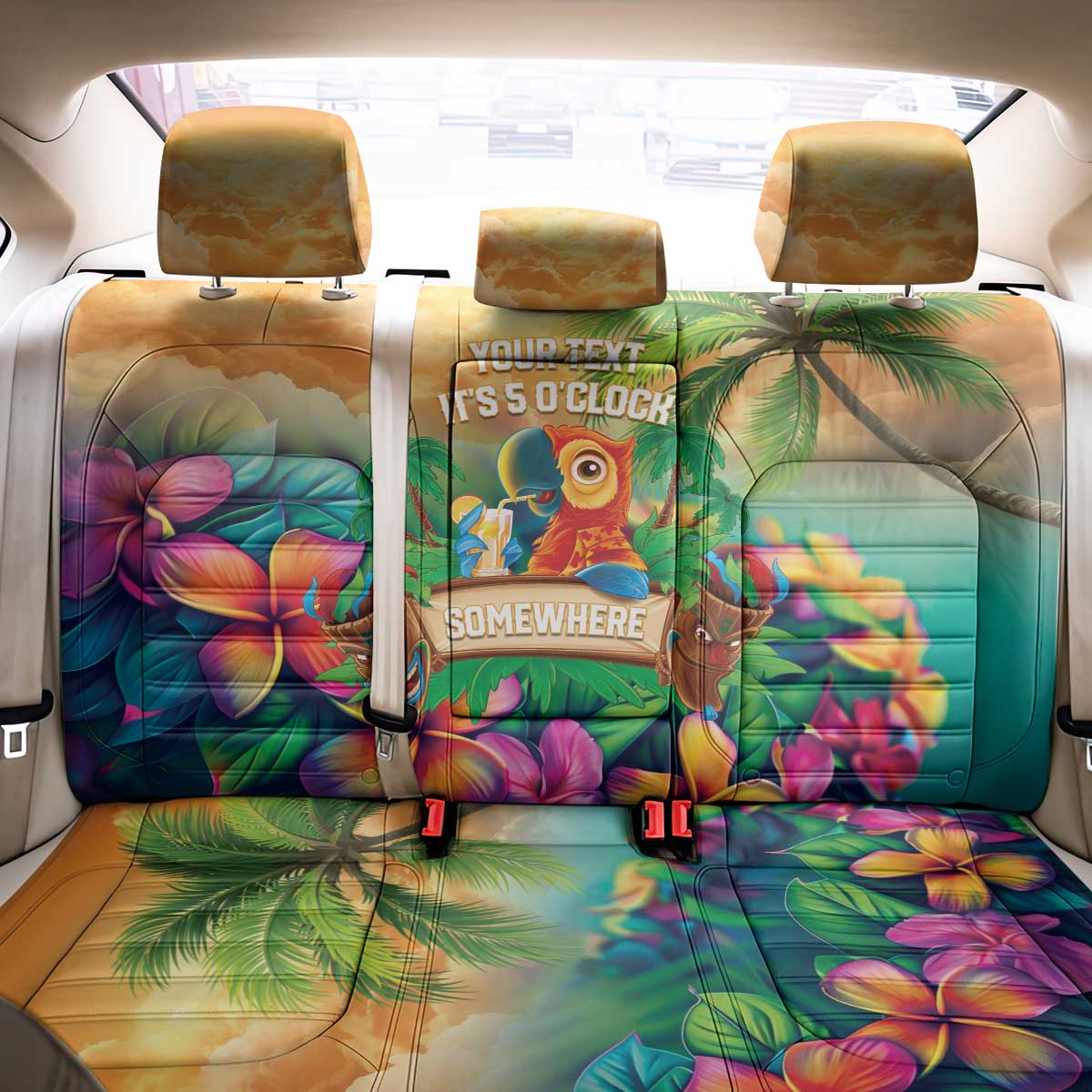 5 Oclock Somewhere Personalized Back Car Seat Cover Hawaii Parrots Plumeria Summer Vibe - Polynesian Pride