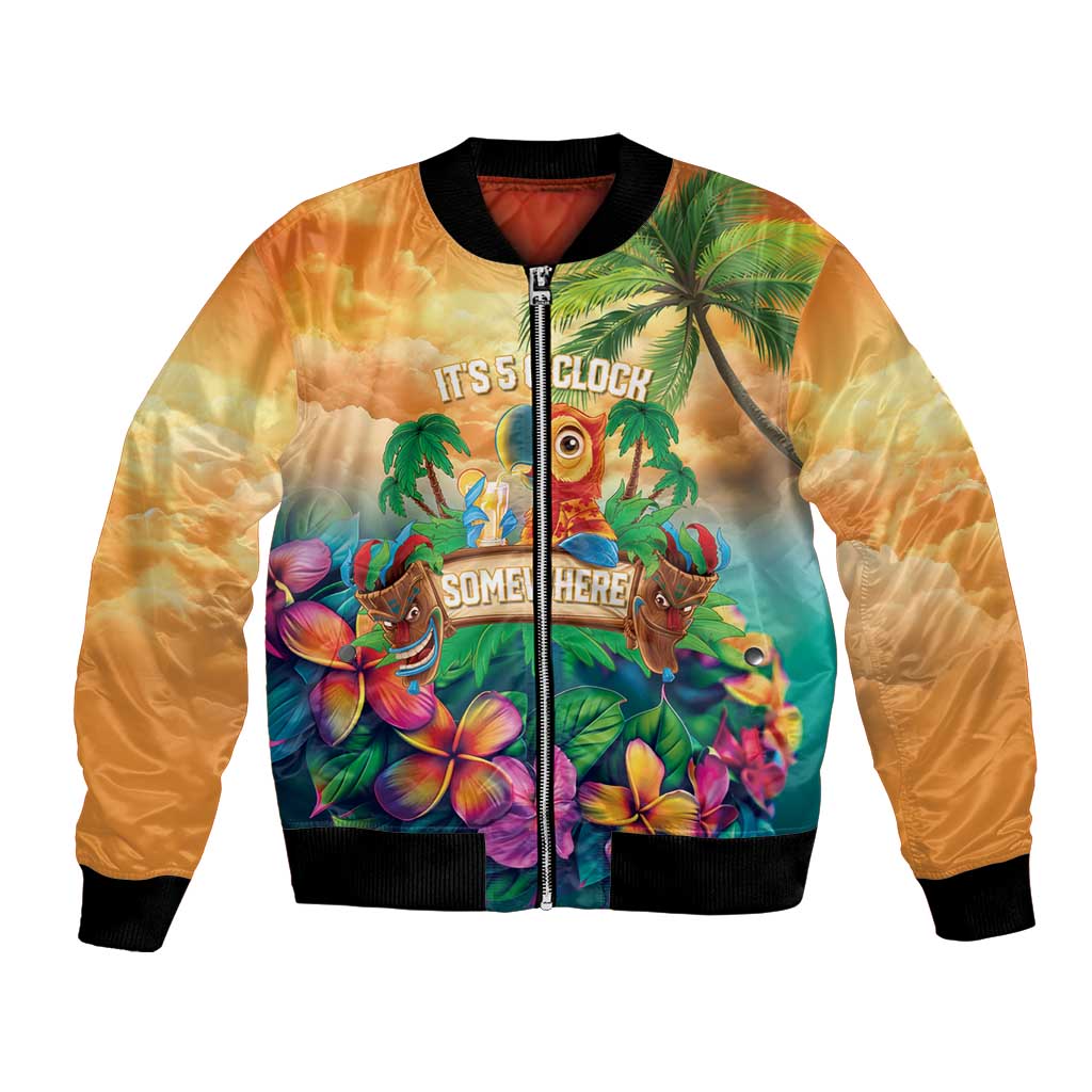 5 Oclock Somewhere Personalized Bomber Jacket Hawaii Parrots Plumeria Summer Vibe LT9 Unisex Yellow - Polynesian Pride