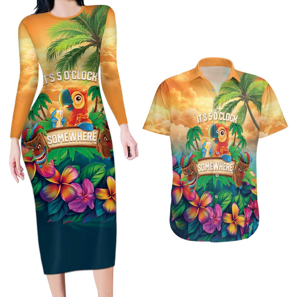 5 Oclock Somewhere Personalized Couples Matching Long Sleeve Bodycon Dress and Hawaiian Shirt Hawaii Parrots Plumeria Summer Vibe LT9 Yellow - Polynesian Pride