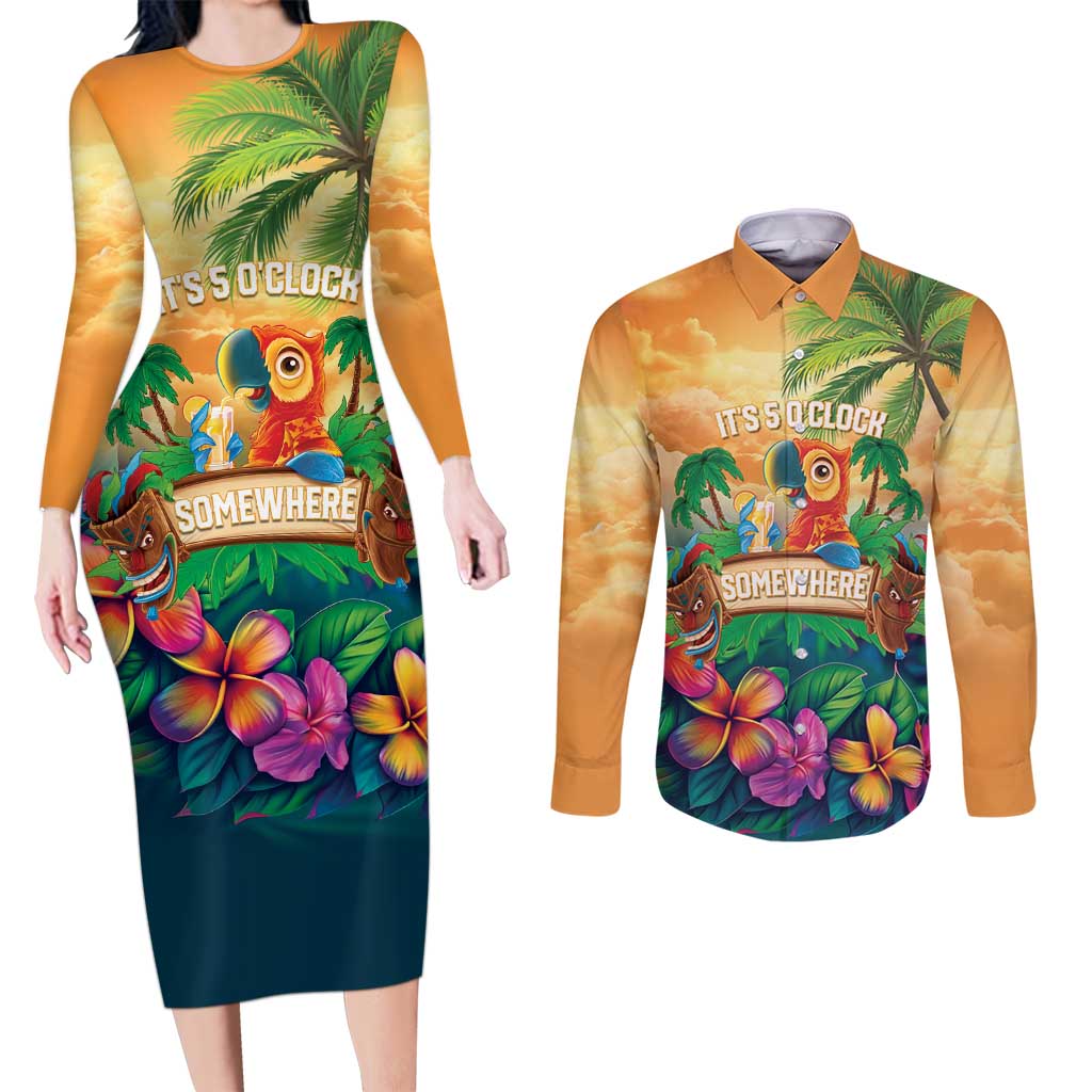 5 Oclock Somewhere Personalized Couples Matching Long Sleeve Bodycon Dress and Long Sleeve Button Shirt Hawaii Parrots Plumeria Summer Vibe LT9 Yellow - Polynesian Pride