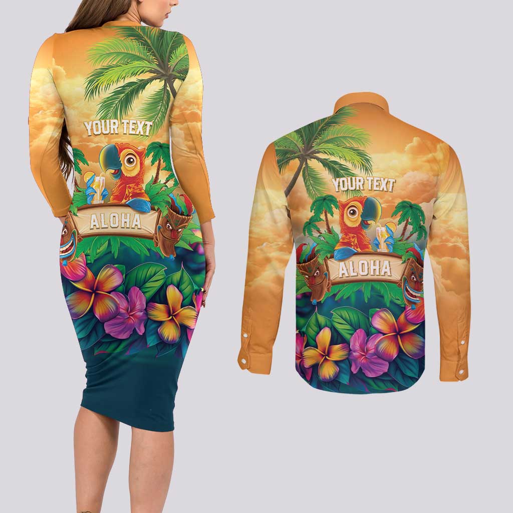 5 Oclock Somewhere Personalized Couples Matching Long Sleeve Bodycon Dress and Long Sleeve Button Shirt Hawaii Parrots Plumeria Summer Vibe LT9 - Polynesian Pride