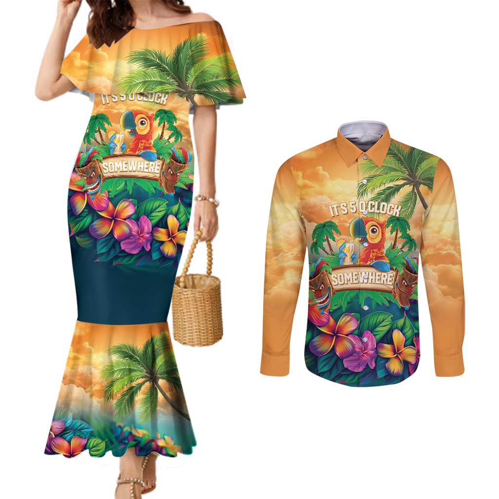 5 Oclock Somewhere Personalized Couples Matching Mermaid Dress and Long Sleeve Button Shirt Hawaii Parrots Plumeria Summer Vibe LT9 Yellow - Polynesian Pride