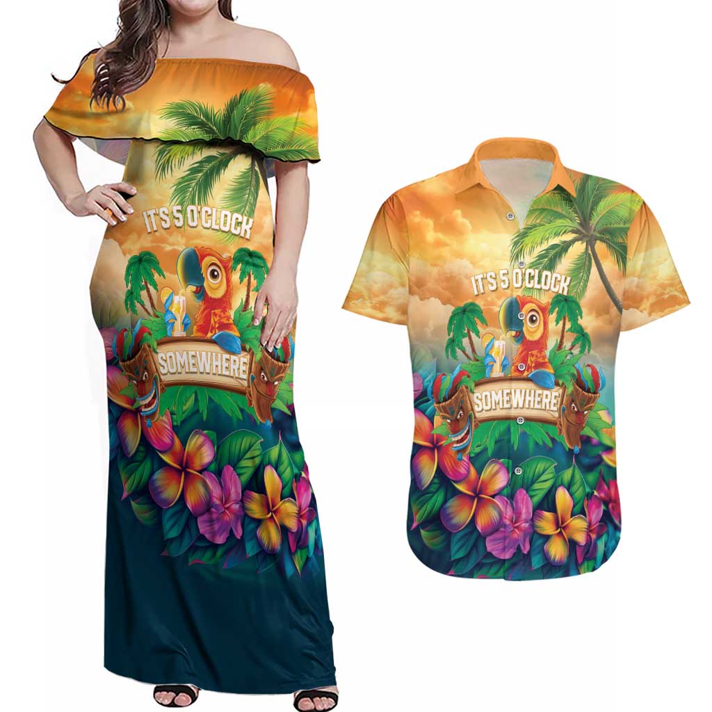 5 Oclock Somewhere Personalized Couples Matching Off Shoulder Maxi Dress and Hawaiian Shirt Hawaii Parrots Plumeria Summer Vibe LT9 Yellow - Polynesian Pride