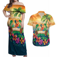 5 Oclock Somewhere Personalized Couples Matching Off Shoulder Maxi Dress and Hawaiian Shirt Hawaii Parrots Plumeria Summer Vibe LT9 Yellow - Polynesian Pride