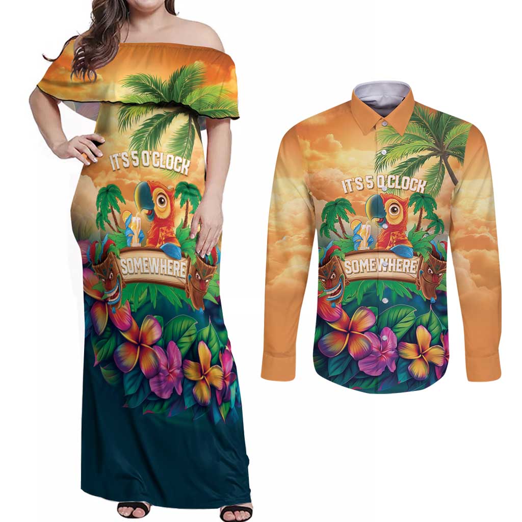 5 Oclock Somewhere Personalized Couples Matching Off Shoulder Maxi Dress and Long Sleeve Button Shirt Hawaii Parrots Plumeria Summer Vibe LT9 Yellow - Polynesian Pride