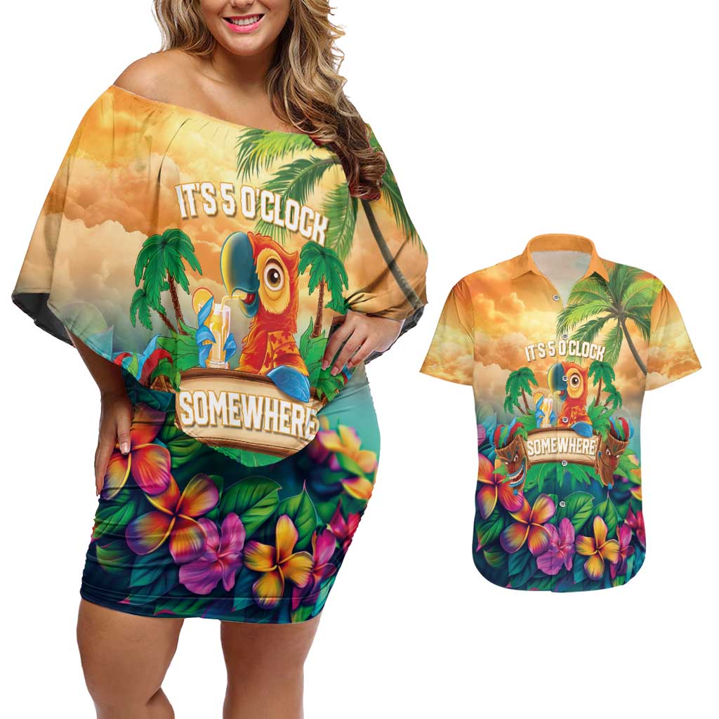 5 Oclock Somewhere Personalized Couples Matching Off Shoulder Short Dress and Hawaiian Shirt Hawaii Parrots Plumeria Summer Vibe LT9 Yellow - Polynesian Pride