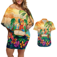 5 Oclock Somewhere Personalized Couples Matching Off Shoulder Short Dress and Hawaiian Shirt Hawaii Parrots Plumeria Summer Vibe LT9 Yellow - Polynesian Pride